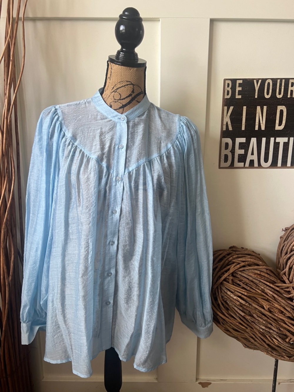 CeCe Light Blue Pintuck Button-Up Blouse